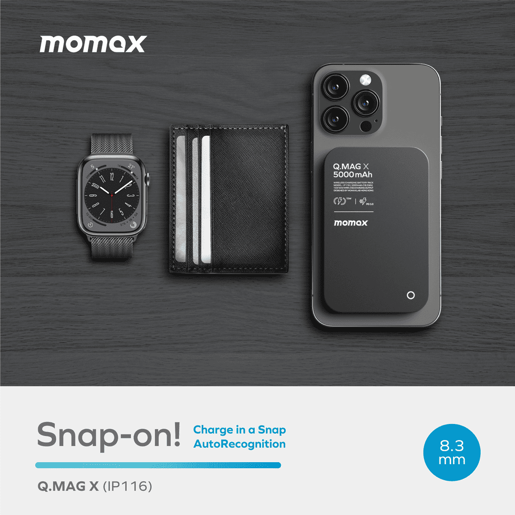 momax phone case with watch, wallet, and phone on a wooden surface