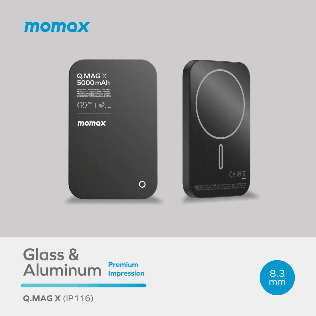 Two black portable devices with 'momax' branding on a gray background