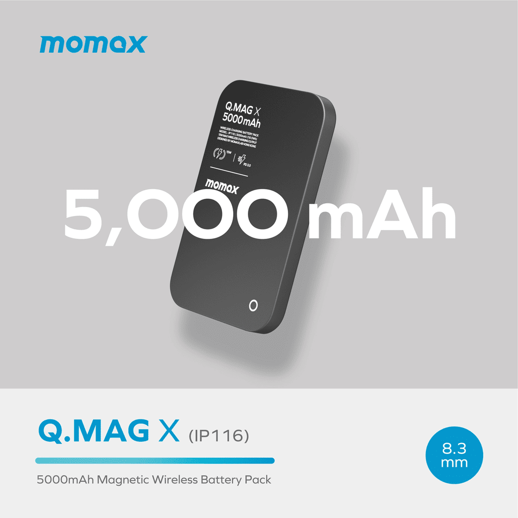 momax Q.MAG X battery pack with 5,000mAh capacity on a gray background