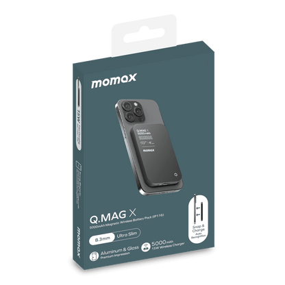 Momax Q.MAG X packaging with phone case on a white background