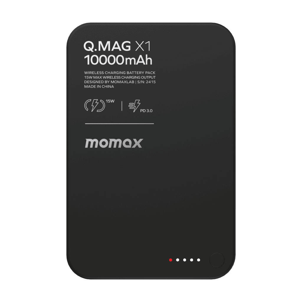 Black power bank with Q.MAG X1 branding on a green background