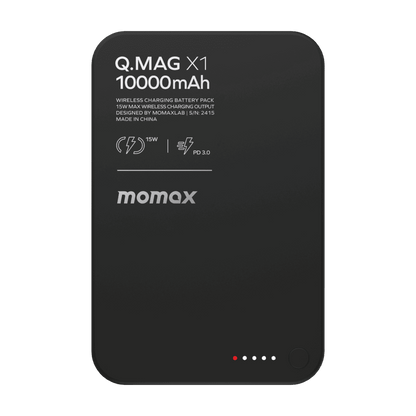 Black power bank with Q.MAG X1 branding on a green background