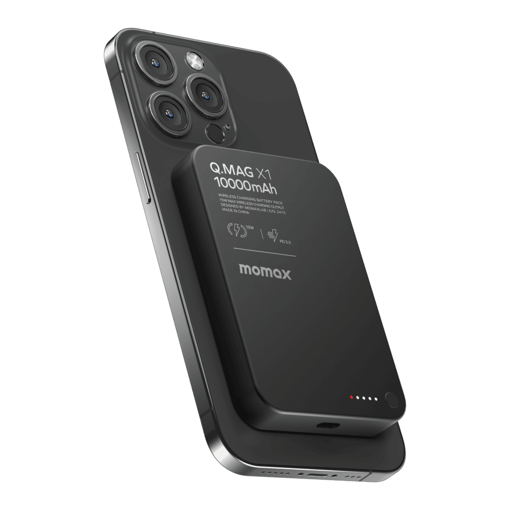 Black power bank with 'momax' branding attached to a smartphone on a transparent background