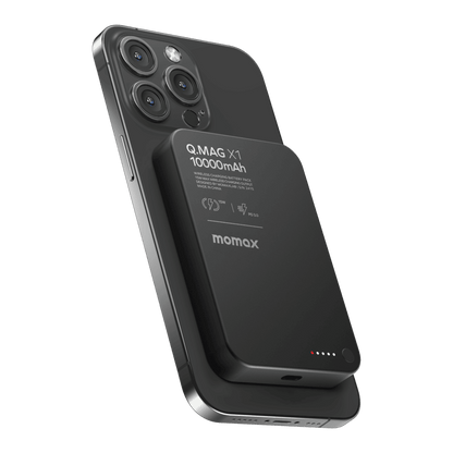 Black power bank with 'momax' branding attached to a smartphone on a transparent background