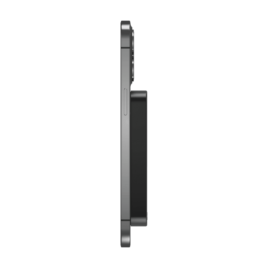 Side view of a black electronic device on a white background