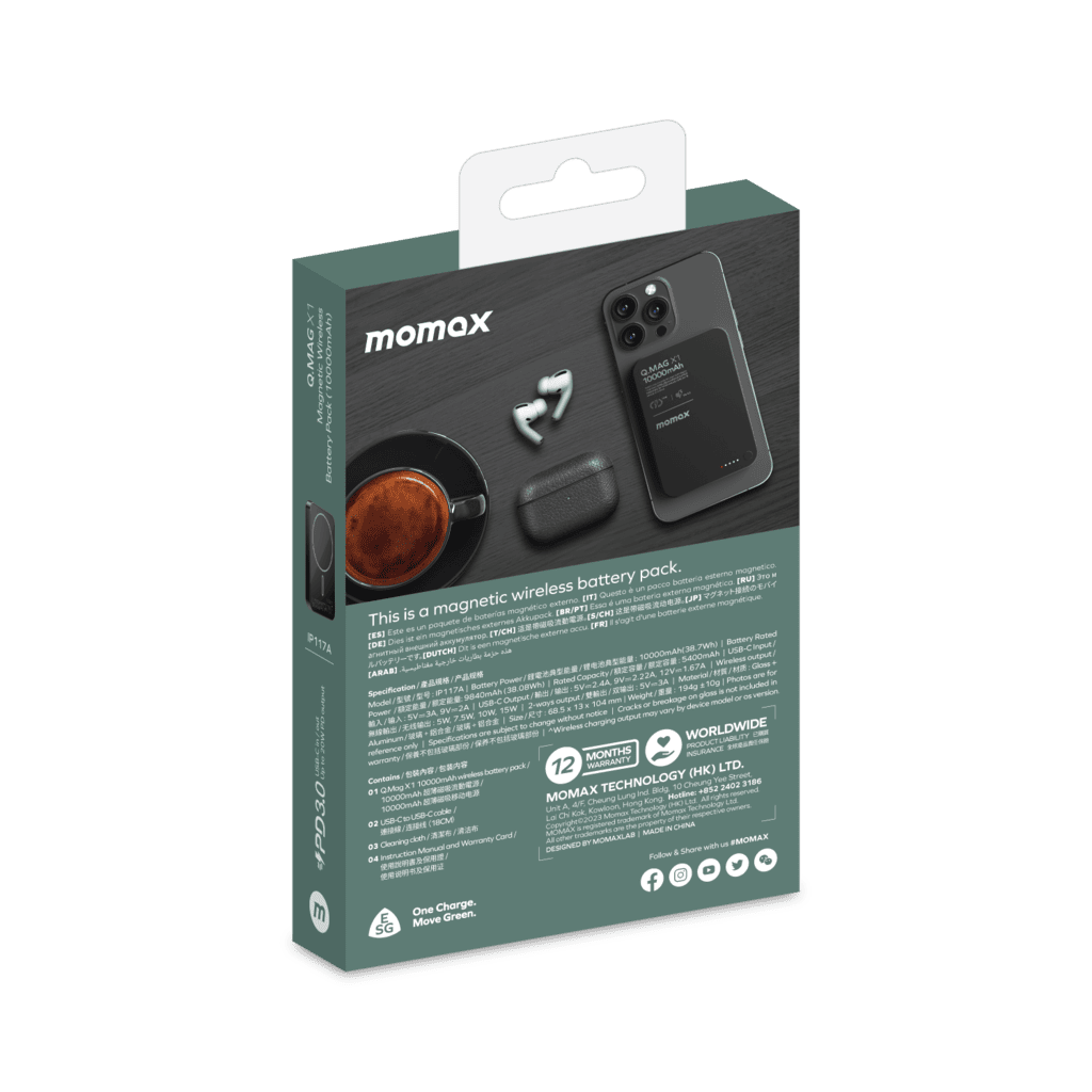 Packaging of a magnetic wireless battery pack by Momax on a white background