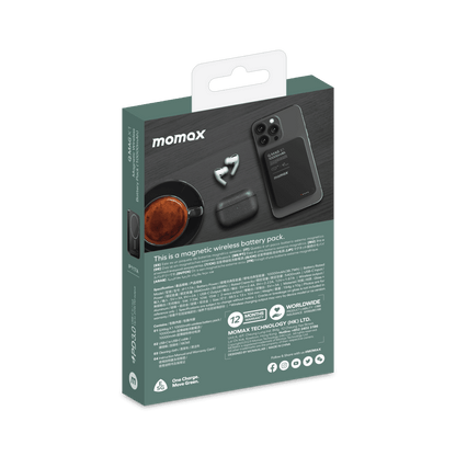 Packaging of a magnetic wireless battery pack by Momax on a white background