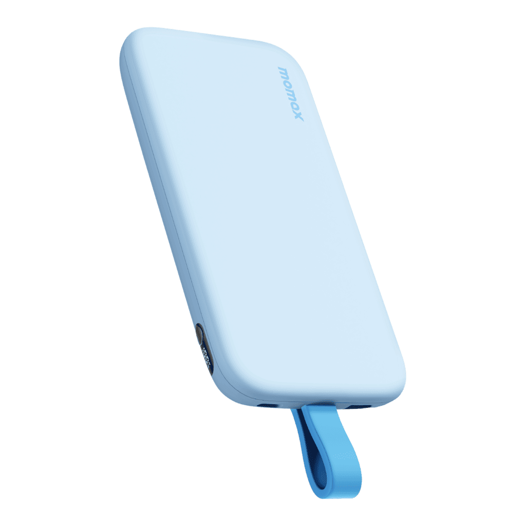 Blue power bank with a handle on a green background