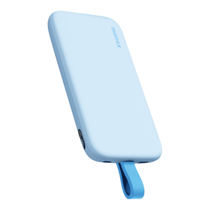 Blue power bank with a handle on a green background
