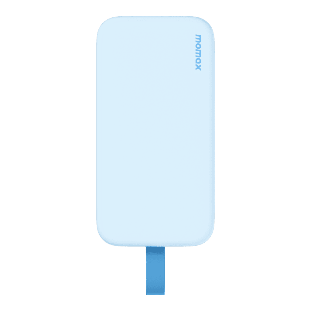 Blue popsicle-shaped power bank with 'momox' branding on a green background