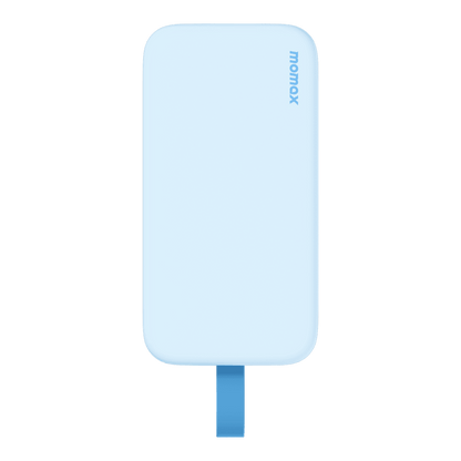 Blue popsicle-shaped power bank with 'momox' branding on a green background
