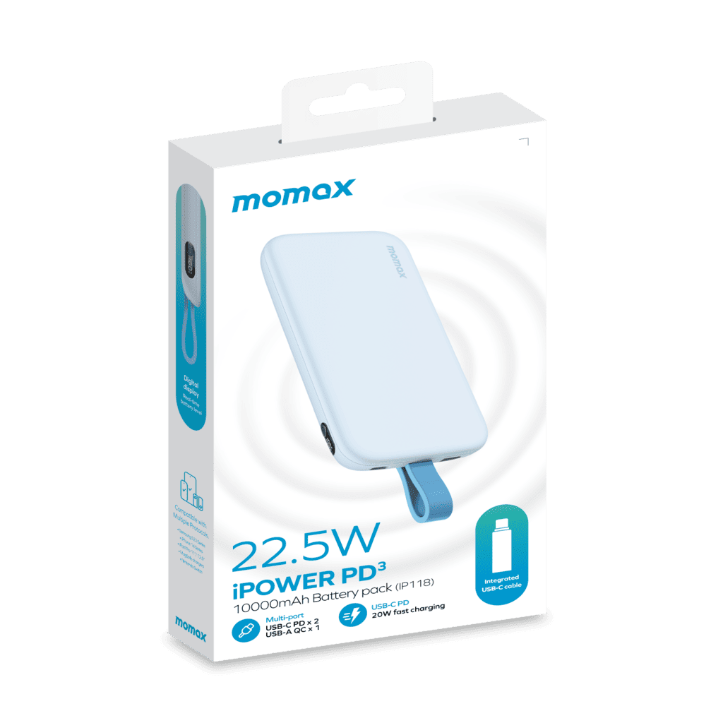 Momax power bank packaging with white background
