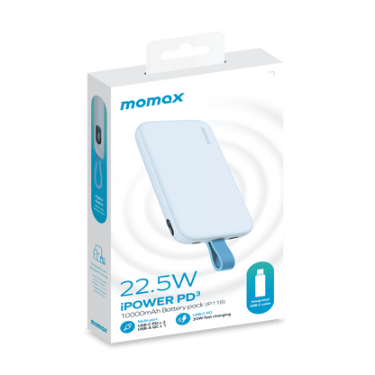 Momax power bank packaging with white background