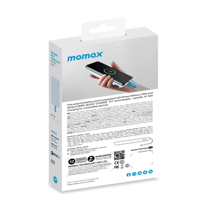 Momax external battery pack packaging on a green background