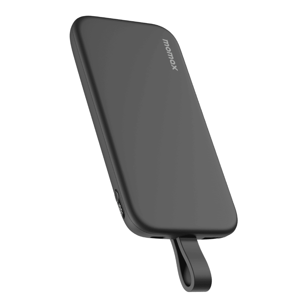 Black power bank with 'momax' branding on a transparent background