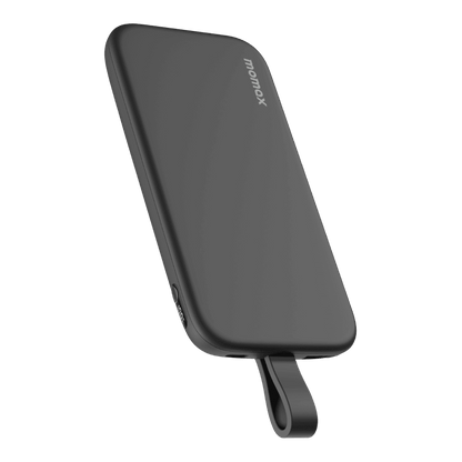 Black power bank with 'momax' branding on a transparent background
