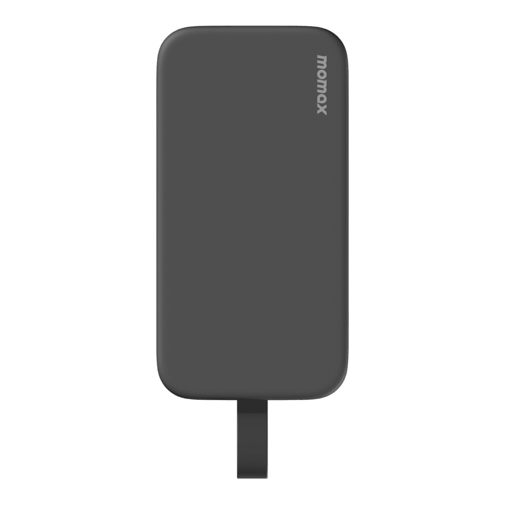 Black power bank with 'momax' branding on a green background