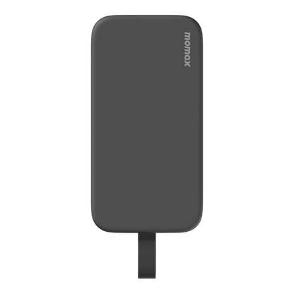 Black power bank with 'momax' branding on a green background