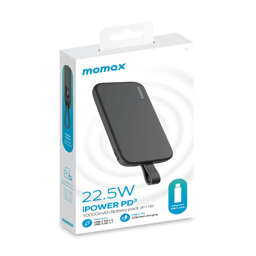 Momax power bank packaging on a white background