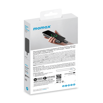 Momax external battery pack packaging on a white background