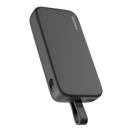 A black portable power bank with a built-in USB-C charging cable and display showing battery level.