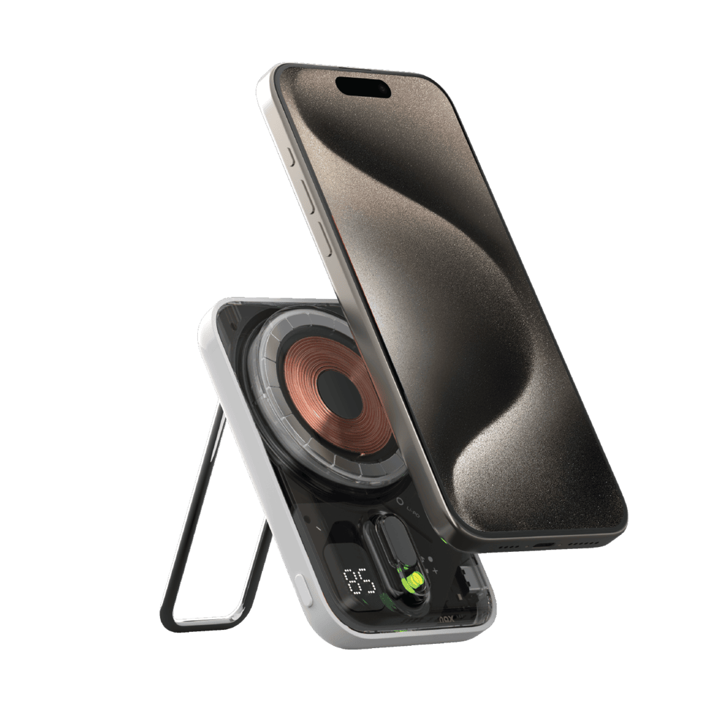Phone case with built-in speaker and charging pad on a transparent background