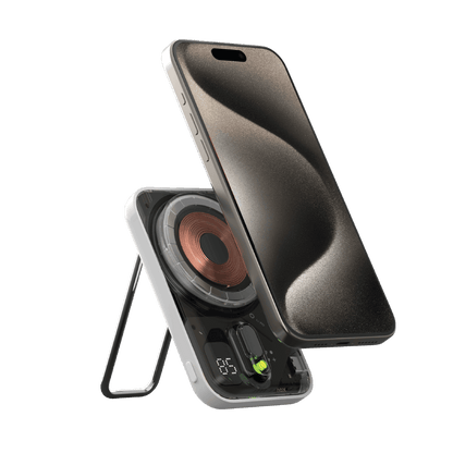 Phone case with built-in speaker and charging pad on a transparent background