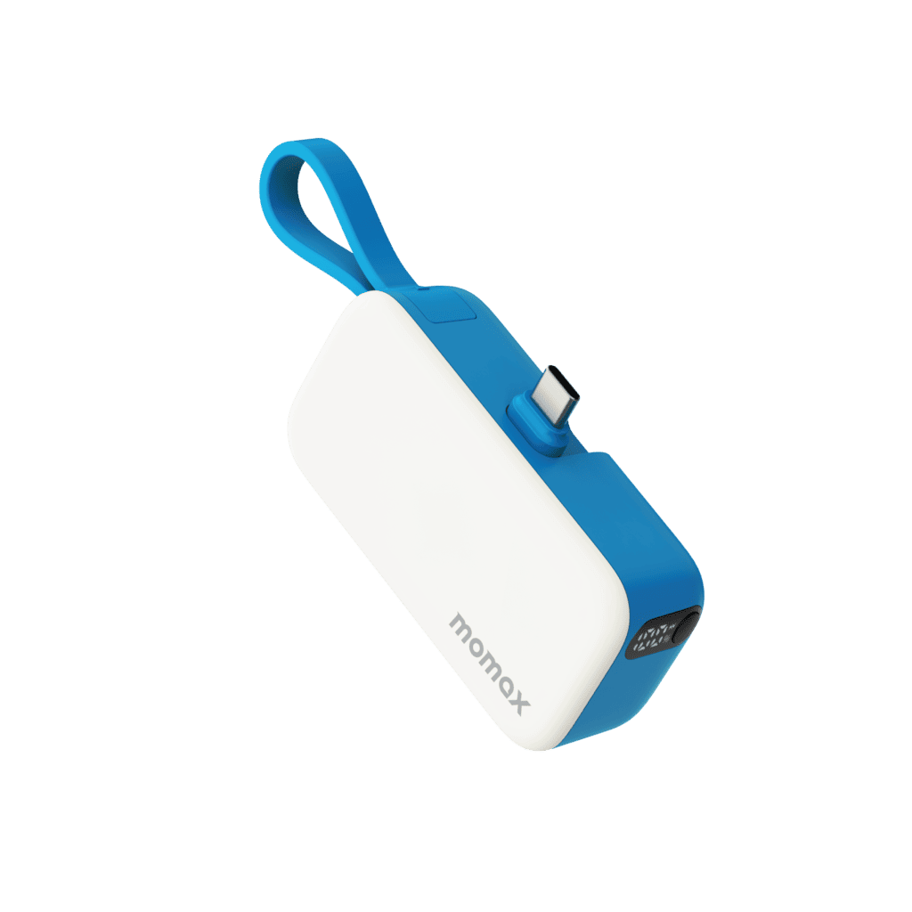 Blue and white power bank with USB-C port on a transparent background