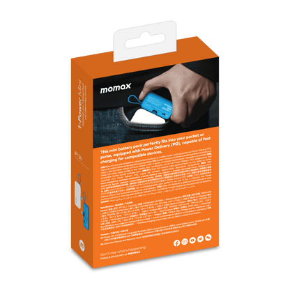 Momax power bank packaging with orange background and product image.