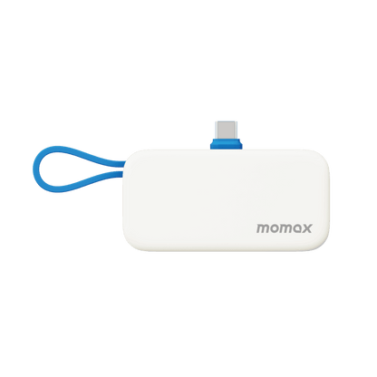 White USB device with blue strap and 'momax' branding on a green background