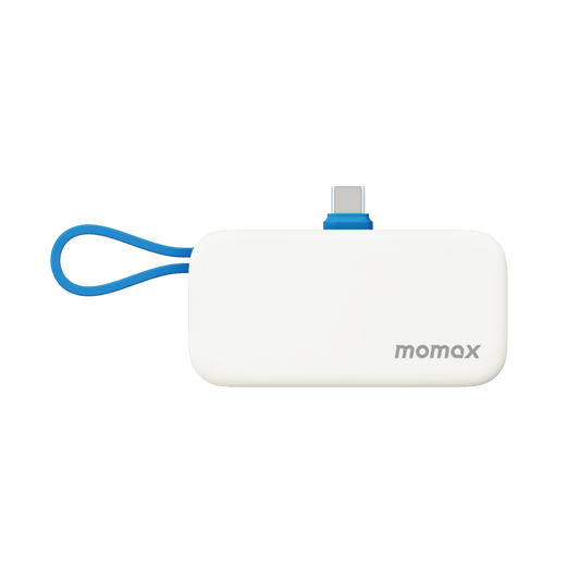 White USB device with blue strap and 'momax' branding on a green background