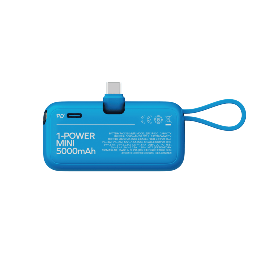 Blue power bank with USB-C connector on a transparent background