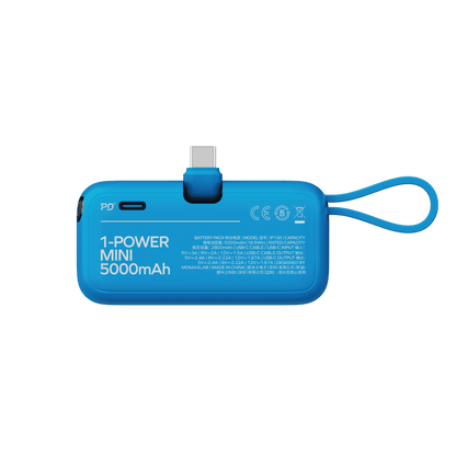 Blue power bank with USB-C connector on a transparent background