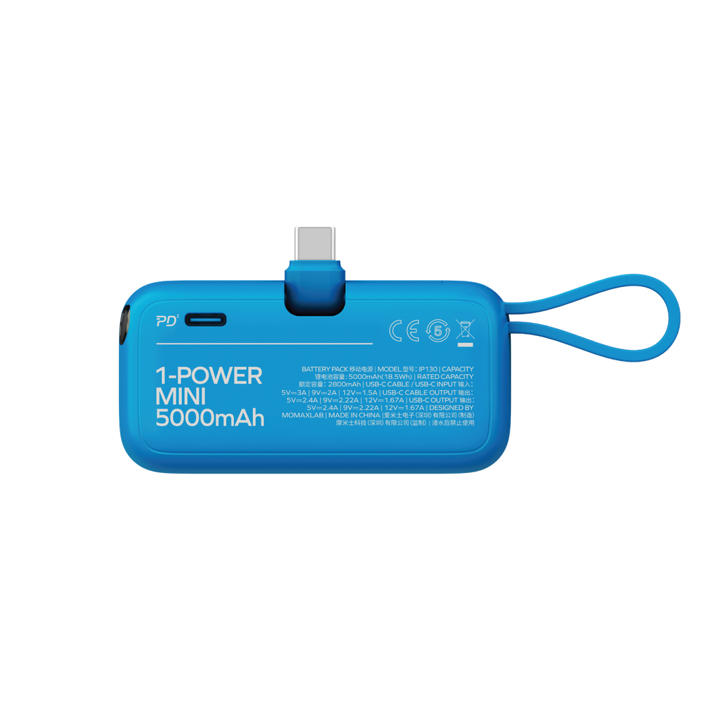 1-Power Mini 5000mAh 3-in-1 Power Bank with USB-C Plug - Blue