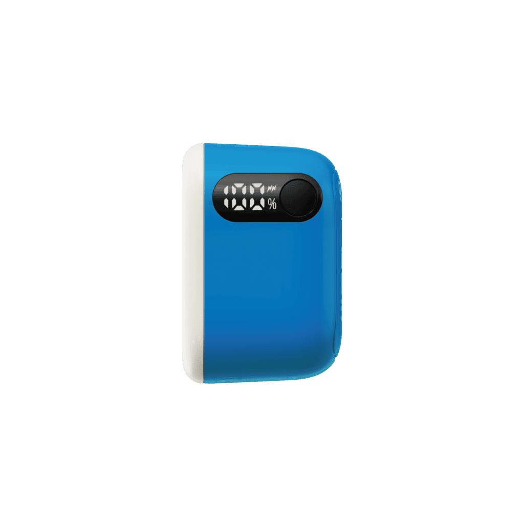 Blue power bank with digital display on a transparent background