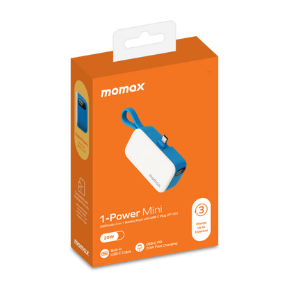 Orange packaging of momox 1-Power Mini power bank with product image on a green background