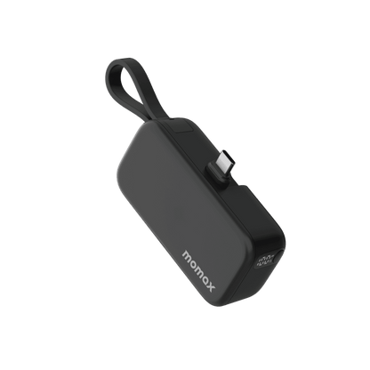 Black portable device with a strap on a transparent background, featuring the Momax brand.