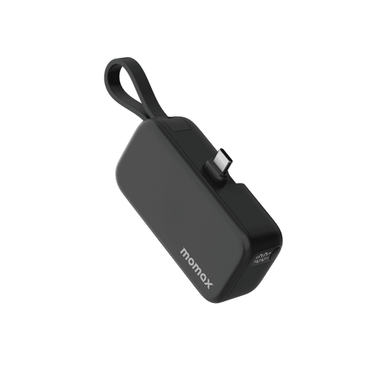 Black portable device with a strap on a transparent background, featuring the Momax brand.