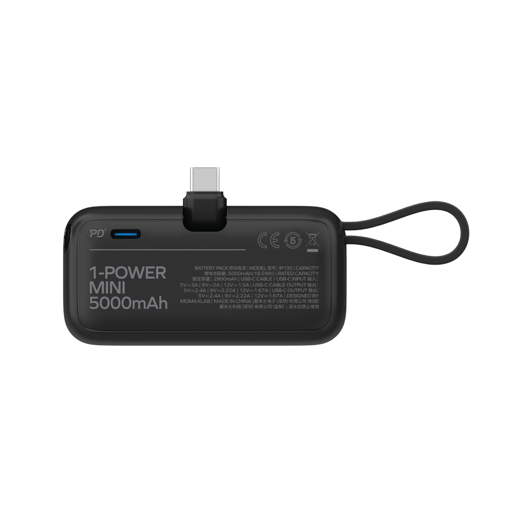 1-Power Mini 5000mAh 3-in-1 Power Bank with USB-C Plug - Black
