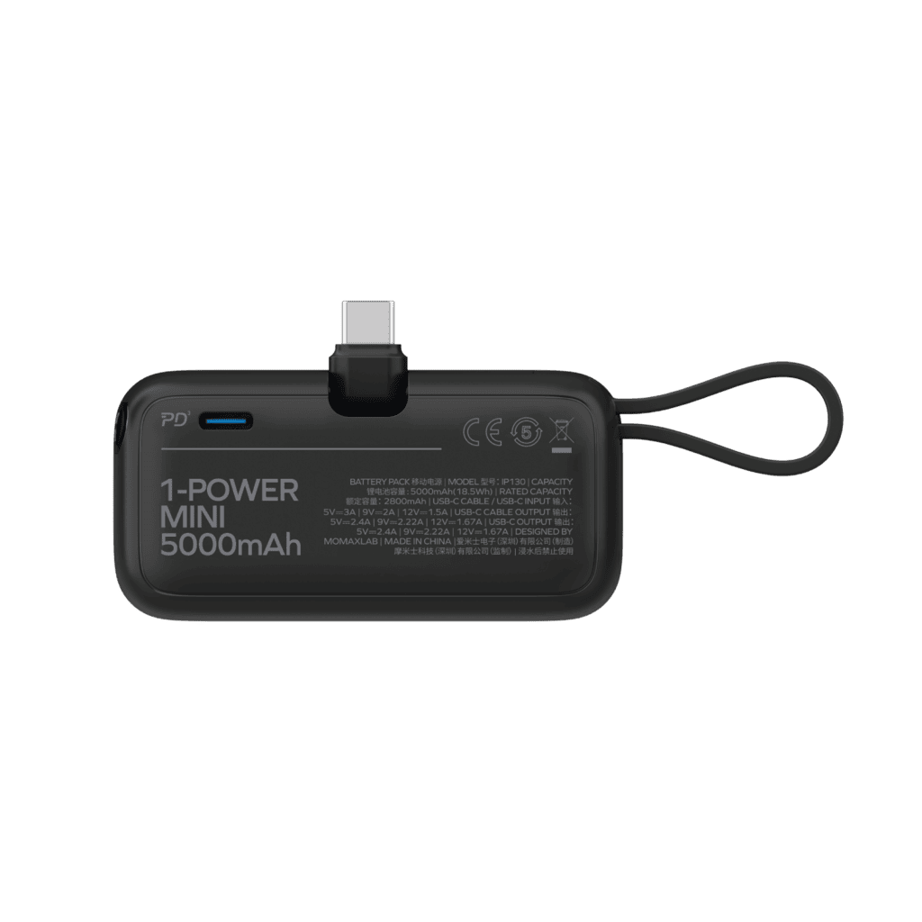 Black portable charger with USB-C and micro-USB ports on a transparent background