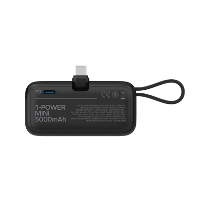 Black portable charger with USB-C and micro-USB ports on a transparent background