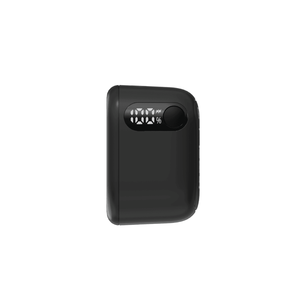 Black power bank with digital display on a white background