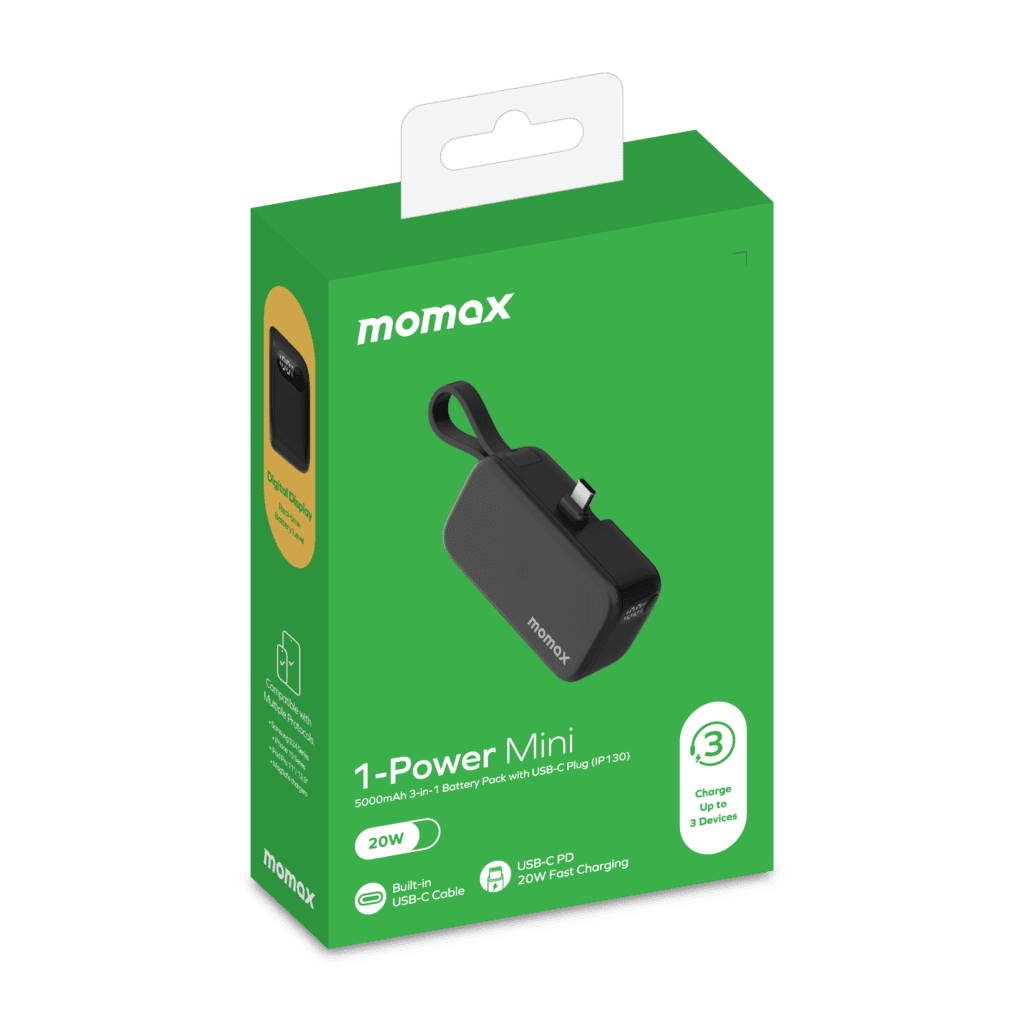 Momox 1-Power Mini packaging on a green background