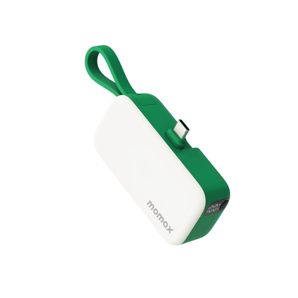 White and green power bank with USB-C connector on a transparent background