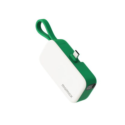 White and green power bank with USB-C connector on a transparent background