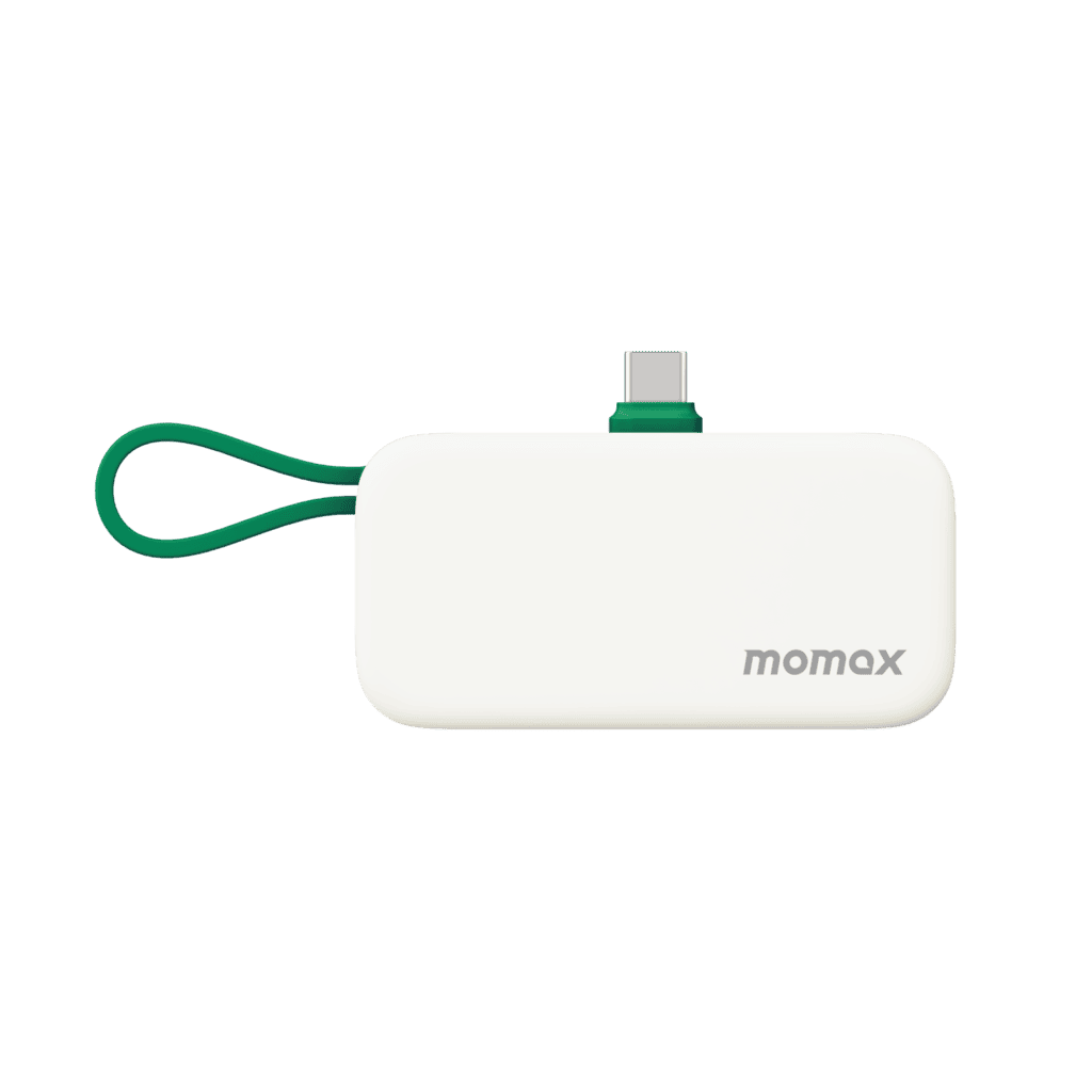 White USB device with green cable and 'momax' branding on a transparent background