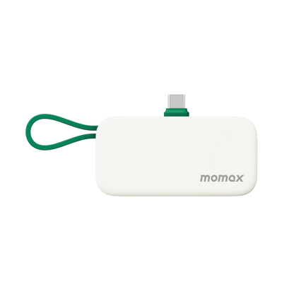 White USB device with green cable and 'momax' branding on a transparent background