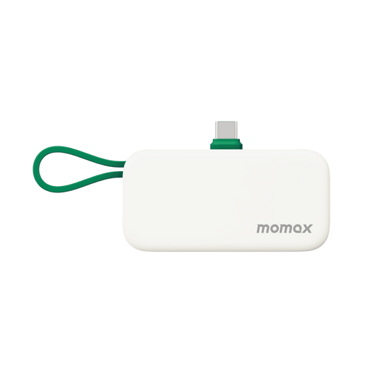 White USB device with green cable and 'momax' branding on a transparent background