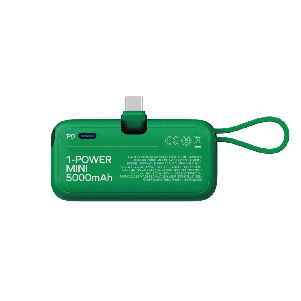 Green power bank with USB-C and micro-USB ports on a transparent background