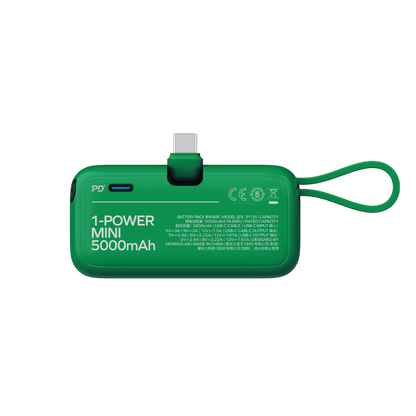 Green power bank with USB-C and micro-USB ports on a transparent background